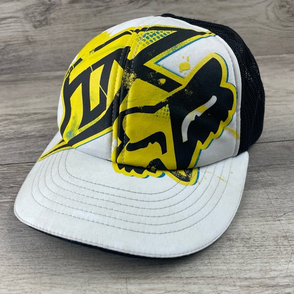 Vintage Fox Racing Hat Moto Trucker Adjustable White Yellow Black - Picture 1 of 5